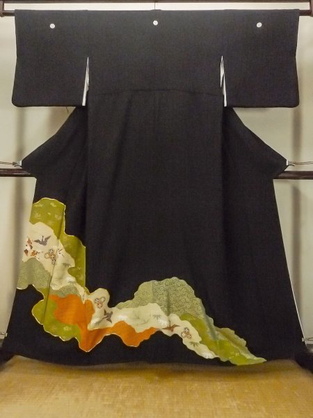 Photo1: O0624I Vintage Japanese kimono   Black TOMESODE formal for women / Silk. UME plum bloom,   (Grade B) (1)