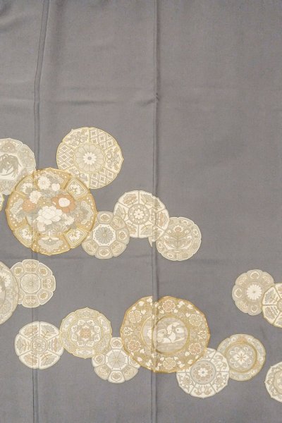 Photo5: O0624J Vintage Japanese kimono  Bluish Gray TOMESODE formal for women / Silk. Chinese flower,   (Grade B) (5)