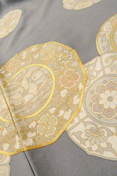 Photo15: O0624J Vintage Japanese kimono  Bluish Gray TOMESODE formal for women / Silk. Chinese flower,   (Grade B) (15)