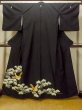 Photo1: O0624K Vintage Japanese kimono   Black TOMESODE formal for women / Synthetic. Leaf,   (Grade D) (1)