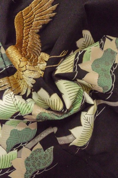 Photo16: O0624K Vintage Japanese kimono   Black TOMESODE formal for women / Synthetic. Leaf,   (Grade D) (16)