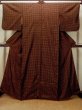 Photo1: O0624M Antique Japanese kimono  Dark Yellow TSUMUGI pongee for women / Silk. Plaid Checks,   (Grade B) (1)