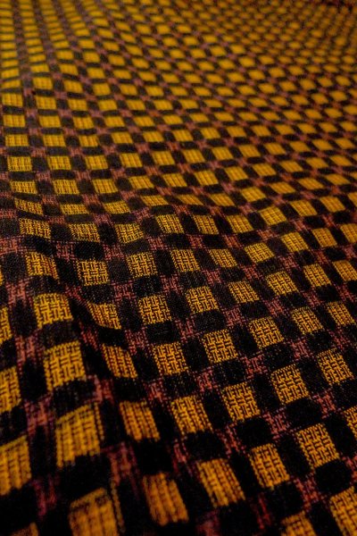 Photo8: O0624M Antique Japanese kimono  Dark Yellow TSUMUGI pongee for women / Silk. Plaid Checks,   (Grade B) (8)