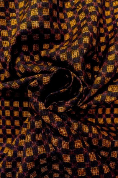 Photo9: O0624M Antique Japanese kimono  Dark Yellow TSUMUGI pongee for women / Silk. Plaid Checks,   (Grade B) (9)