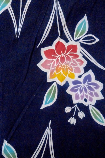 Photo3: O0624R Vintage Japanese kimono    Indigo Blue  Pour Dyed Yukata for women /  Cotton.  Flower,   (Grade D) (3)