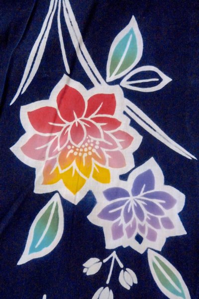 Photo7: O0624R Vintage Japanese kimono    Indigo Blue  Pour Dyed Yukata for women /  Cotton.  Flower,   (Grade D) (7)