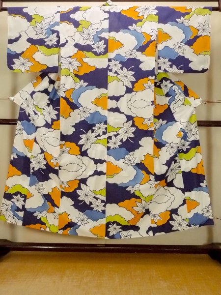 Photo1: O0624S Vintage Japanese kimono    Indigo Blue  YUKATA summer(made in Japan) for women /  Cotton.  MOMIJI maple leaf,   (Grade C) (1)