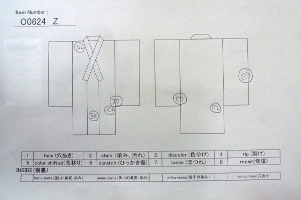 Photo13: O0624Z Vintage Japanese kimono    White  YUKATA summer(made in Japan) for women /  Cotton.  Broken ice pattern  Eggplant pattern  (Grade D) (13)