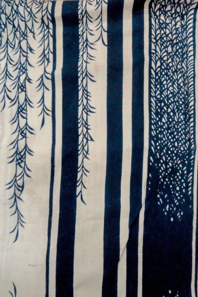 Photo3: O0625D Antique Japanese kimono   Indigo Blue YUKATA summer(made in Japan) for women / Cotton/hemp Tall grass,   (Grade C) (3)