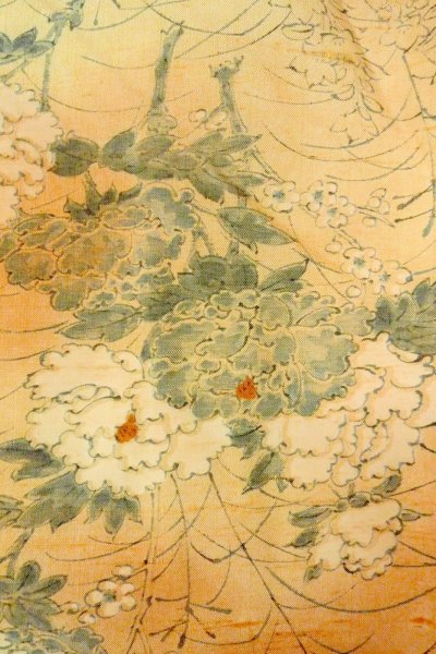 Photo5: O0711A Used Japanese kimono  Pale Orange TSUMUGI pongee for women / Silk. Peony,   (Grade B) (5)