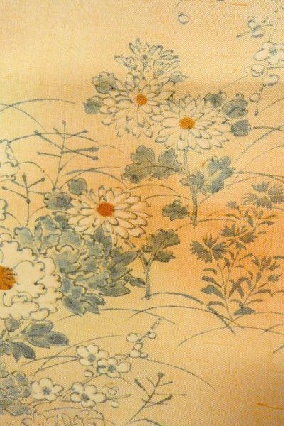 Photo7: O0711A Used Japanese kimono  Pale Orange TSUMUGI pongee for women / Silk. Peony,   (Grade B) (7)