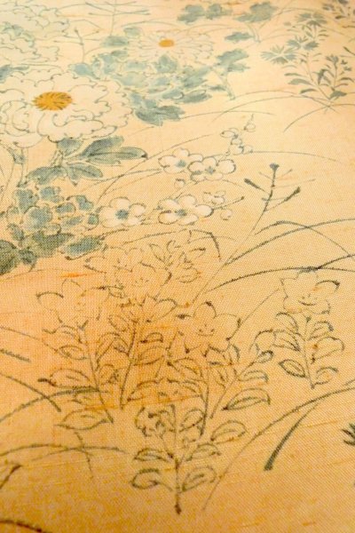 Photo8: O0711A Used Japanese kimono  Pale Orange TSUMUGI pongee for women / Silk. Peony,   (Grade B) (8)