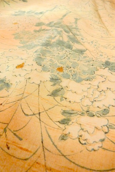 Photo9: O0711A Used Japanese kimono  Pale Orange TSUMUGI pongee for women / Silk. Peony,   (Grade B) (9)