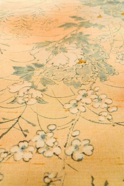 Photo10: O0711A Used Japanese kimono  Pale Orange TSUMUGI pongee for women / Silk. Peony,   (Grade B) (10)