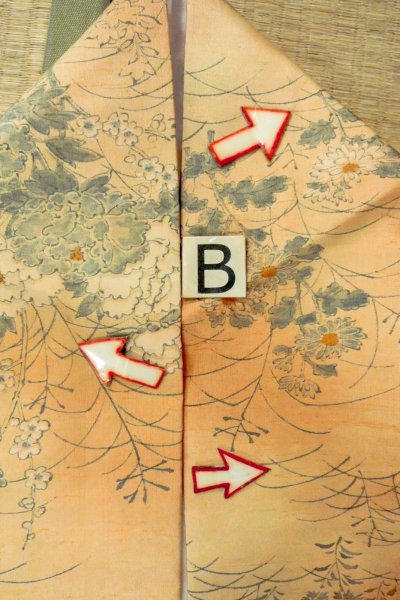 Photo15: O0711A Used Japanese kimono  Pale Orange TSUMUGI pongee for women / Silk. Peony,   (Grade B) (15)