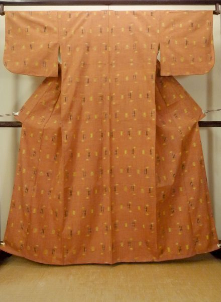 Photo1: Mint O0711C Vintage Japanese kimono   Orange TSUMUGI pongee for women / Silk. Plaid Checks,   (Grade A) (1)