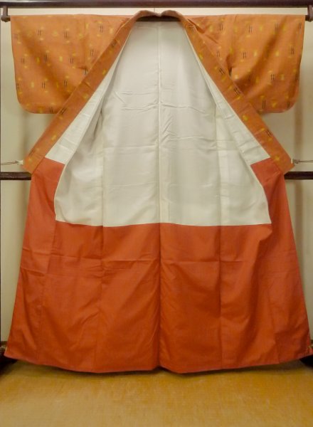 Photo2: Mint O0711C Vintage Japanese kimono   Orange TSUMUGI pongee for women / Silk. Plaid Checks,   (Grade A) (2)