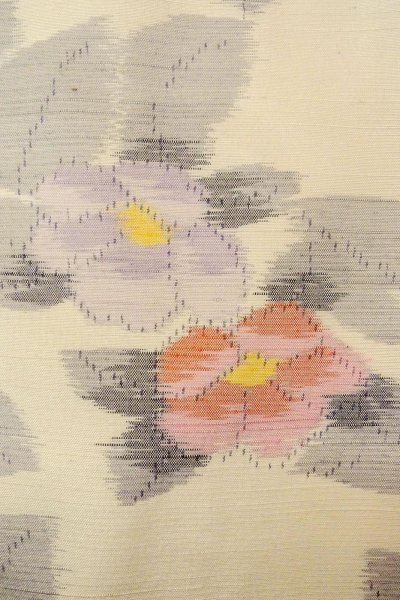 Photo5: O0711F Used Japanese kimono   White TOKAMACHI-TSUMUGI for women / Silk. Camellia,   (Grade B) (5)