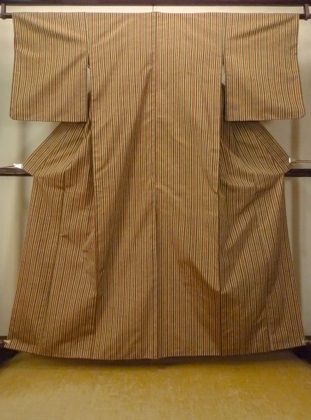 Photo1: O0711G Used Japanese kimono   Multi Color TSUMUGI pongee for women / Silk. Stripes   (Grade B) (1)