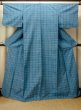 Photo1: O0711I Used Japanese kimono  Grayish Light Blue TSUMUGI pongee for women / Silk. Plaid Checks   (Grade B) (1)