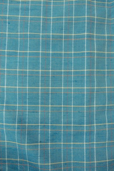 Photo4: O0711I Used Japanese kimono  Grayish Light Blue TSUMUGI pongee for women / Silk. Plaid Checks   (Grade B) (4)
