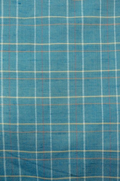 Photo5: O0711I Used Japanese kimono  Grayish Light Blue TSUMUGI pongee for women / Silk. Plaid Checks   (Grade B) (5)
