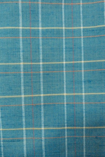 Photo6: O0711I Used Japanese kimono  Grayish Light Blue TSUMUGI pongee for women / Silk. Plaid Checks   (Grade B) (6)
