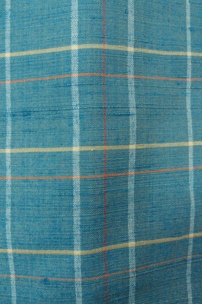 Photo7: O0711I Used Japanese kimono  Grayish Light Blue TSUMUGI pongee for women / Silk. Plaid Checks   (Grade B) (7)