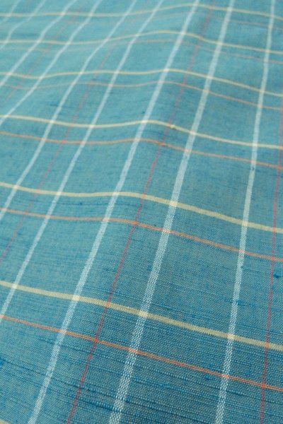 Photo8: O0711I Used Japanese kimono  Grayish Light Blue TSUMUGI pongee for women / Silk. Plaid Checks   (Grade B) (8)