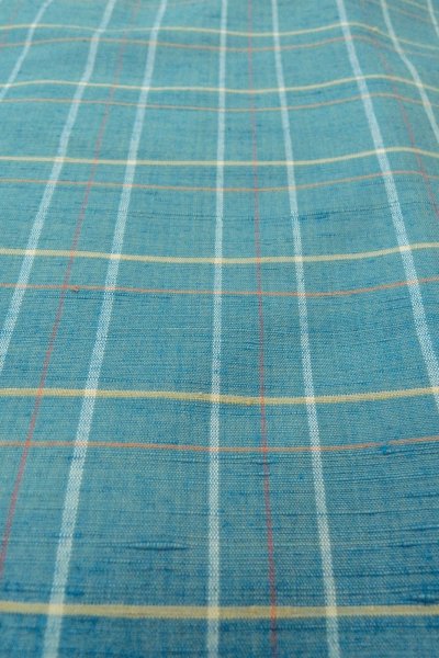 Photo9: O0711I Used Japanese kimono  Grayish Light Blue TSUMUGI pongee for women / Silk. Plaid Checks   (Grade B) (9)