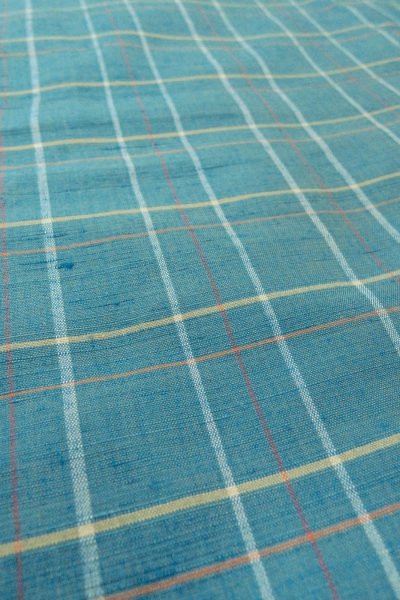 Photo10: O0711I Used Japanese kimono  Grayish Light Blue TSUMUGI pongee for women / Silk. Plaid Checks   (Grade B) (10)