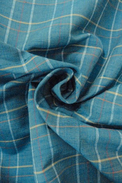 Photo12: O0711I Used Japanese kimono  Grayish Light Blue TSUMUGI pongee for women / Silk. Plaid Checks   (Grade B) (12)