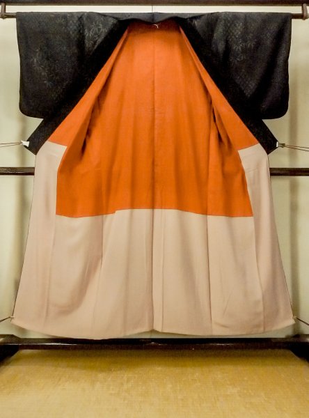 Photo2: Mint O0711K Vintage Japanese kimono   Black TSUMUGI pongee for women / Silk. Flower,   (Grade A) (2)