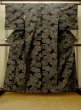 Photo1: O0711M Used Japanese kimono   Black TSUMUGI pongee for women / Silk. Flower,   (Grade B) (1)