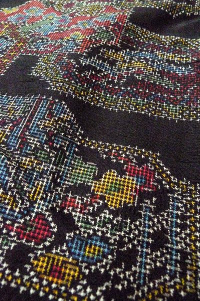 Photo8: O0711M Used Japanese kimono   Black TSUMUGI pongee for women / Silk. Flower,   (Grade B) (8)