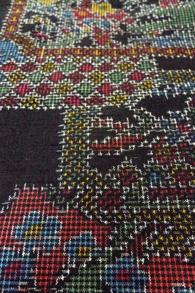 Photo9: O0711M Used Japanese kimono   Black TSUMUGI pongee for women / Silk. Flower,   (Grade B) (9)