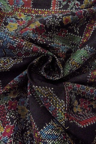 Photo12: O0711M Used Japanese kimono   Black TSUMUGI pongee for women / Silk. Flower,   (Grade B) (12)