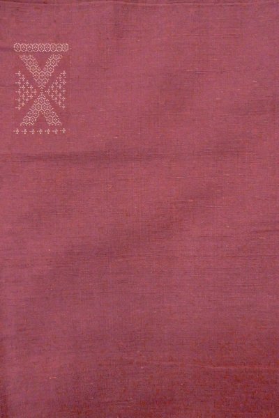 Photo4: O0711Q Used Japanese kimono  Pale Dark Red TSUMUGI pongee for women / Silk. Geometrical pattern   (Grade B) (4)