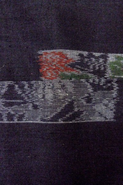 Photo7: O0711R Used Japanese kimono   Black TSUMUGI pongee for women / Silk. Flower,   (Grade B) (7)