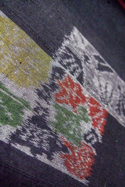 Photo10: O0711R Used Japanese kimono   Black TSUMUGI pongee for women / Silk. Flower,   (Grade B) (10)