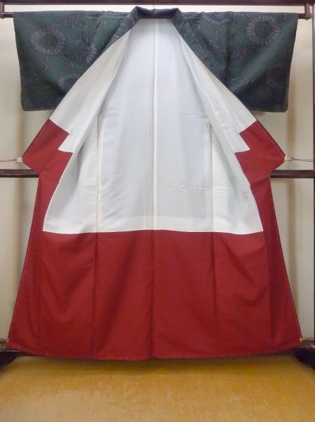 Photo2: O0711W Vintage Japanese kimono  Dark Green TSUMUGI pongee for women / Silk. Chinese flower,   (Grade A) (2)