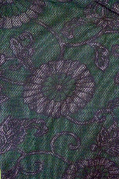 Photo3: O0711W Vintage Japanese kimono  Dark Green TSUMUGI pongee for women / Silk. Chinese flower,   (Grade A) (3)