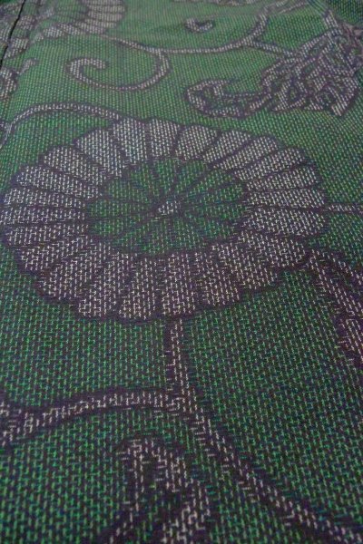 Photo12: O0711W Vintage Japanese kimono  Dark Green TSUMUGI pongee for women / Silk. Chinese flower,   (Grade A) (12)