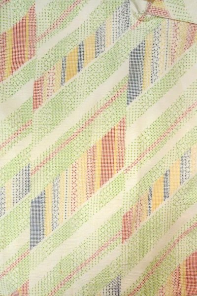 Photo3: O0711Z Used Japanese kimono  Pale Multi Color TSUMUGI pongee for women / Silk. Geometrical pattern   (Grade B) (3)