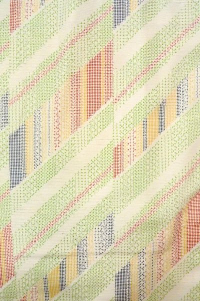 Photo4: O0711Z Used Japanese kimono  Pale Multi Color TSUMUGI pongee for women / Silk. Geometrical pattern   (Grade B) (4)