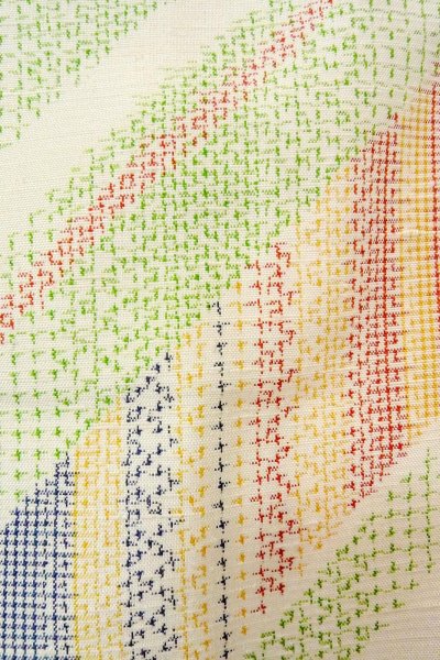 Photo5: O0711Z Used Japanese kimono  Pale Multi Color TSUMUGI pongee for women / Silk. Geometrical pattern   (Grade B) (5)