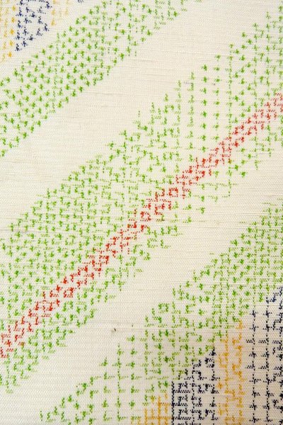 Photo6: O0711Z Used Japanese kimono  Pale Multi Color TSUMUGI pongee for women / Silk. Geometrical pattern   (Grade B) (6)