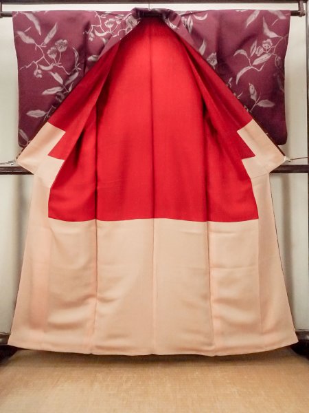 Photo2: O0712B Antique Japanese kimono  Dark Dark Red ORI woven for women / Silk. Flower   (Grade C) (2)