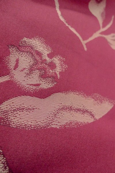 Photo9: O0712B Antique Japanese kimono  Dark Dark Red ORI woven for women / Silk. Flower   (Grade C) (9)