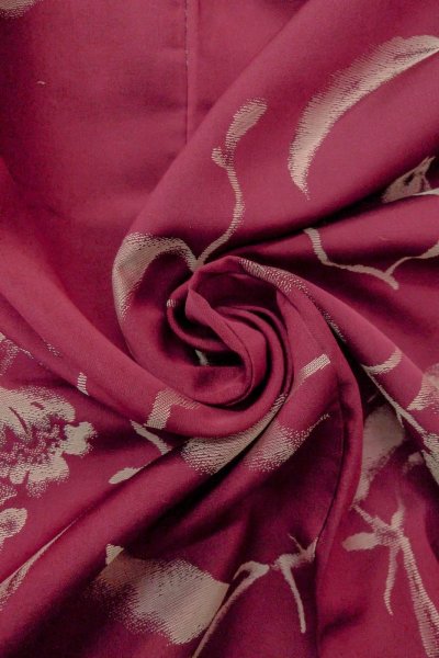 Photo11: O0712B Antique Japanese kimono  Dark Dark Red ORI woven for women / Silk. Flower   (Grade C) (11)